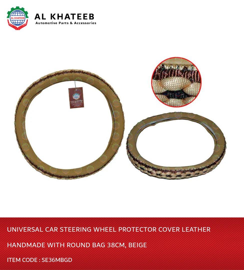 Universal Car Steering Wheel Protector Cover Leather Handmade With Round Bag 38Cm, Beige - Se36