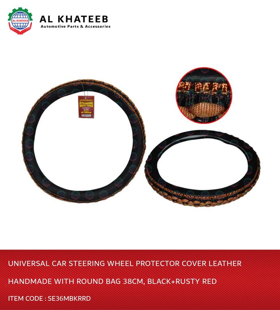 Universal Car Steering Wheel Protector Cover Leather Handmade With Round Bag 38Cm, Black+Rusty Red - Se36