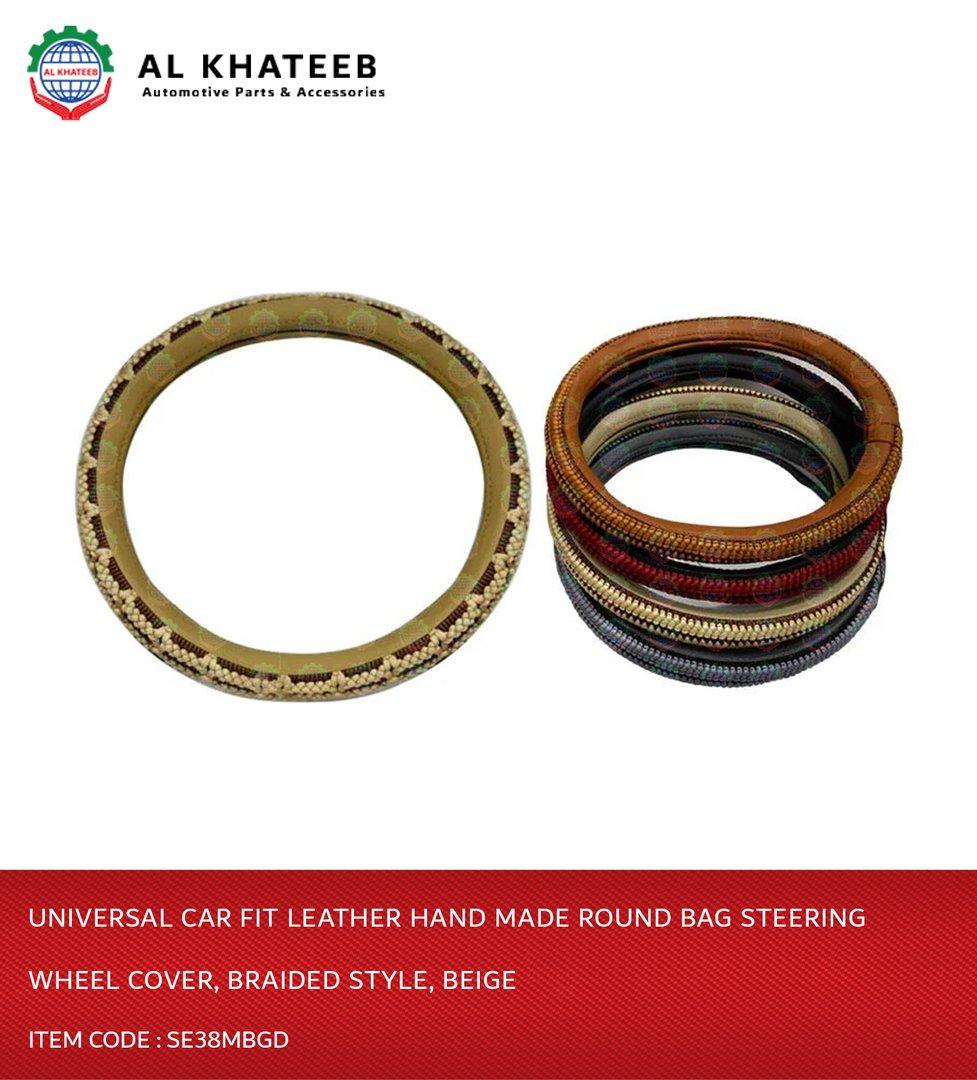 Universal Car Fit Leather Hand Made Round Bag Steering Wheel Cover, Braided Style, Beige