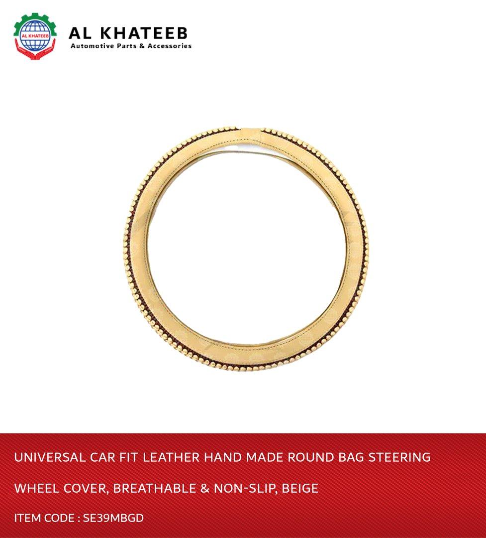 Universal Car Fit Leather Hand Made Round Bag Steering Wheel Cover, Breathable & Non-Slip, Beige