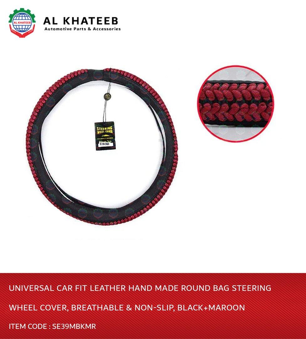 Universal Car Fit Leather Hand Made Round Bag Steering Wheel Cover, Breathable & Non-Slip, Black+Maroon