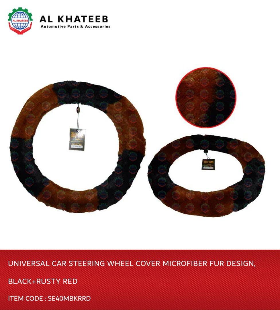 Universal Car Steering Wheel Cover Microfiber Fur Design, Black+Rusty Red