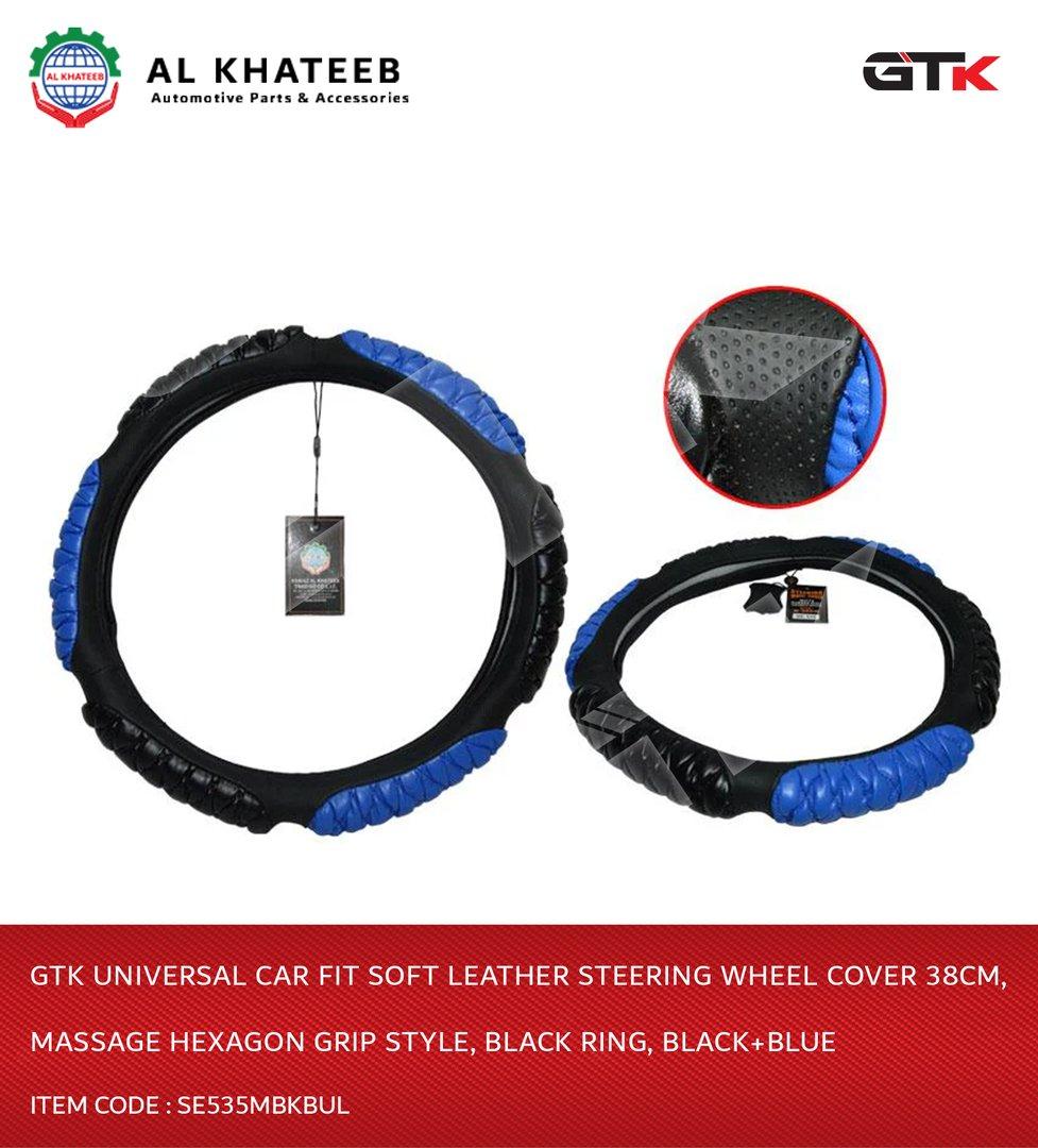 Universal Car Fit Soft Leather Steering Wheel Cover 38Cm, Massage Hexagon Grip Style, Black Ring, Black+Blue