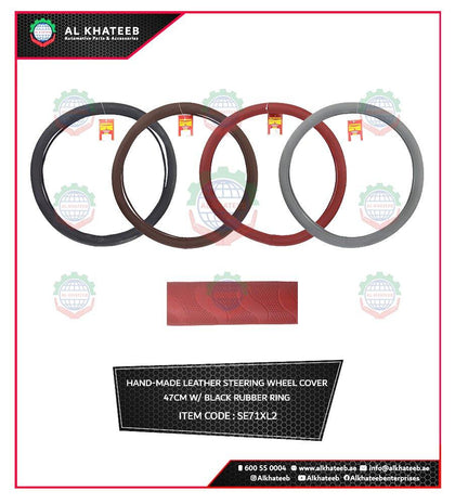 Universal Car Fit Steering Wheel Cover Black Leather 47, Breathable & Non-Slip, Black Rubber Ring, 38CM