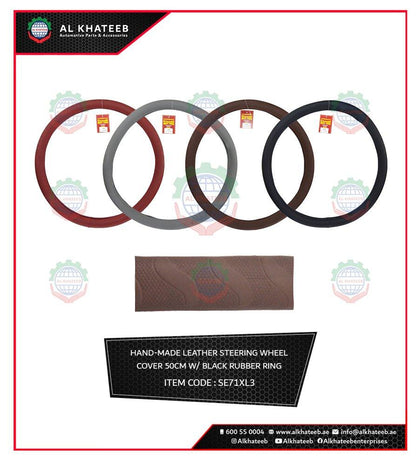 Universal Car Fit Steering Wheel Cover Gray Leather 50, Breathable & Non-Slip, Black Rubber Ring, 38CM