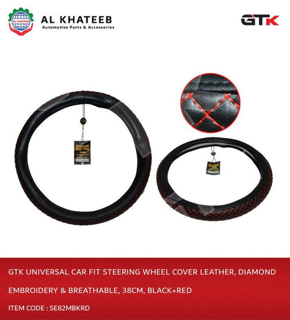 Universal Car Fit Steering Wheel Cover Leather, Diamond Embroidery & Breathable, 38Cm, Black+Red