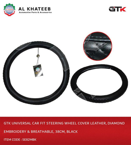 Universal Car Fit Steering Wheel Cover Leather, Diamond Embroidery & Breathable, 38Cm, Black