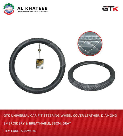 Universal Car Fit Steering Wheel Cover Leather, Diamond Embroidery & Breathable, 38Cm, Gray