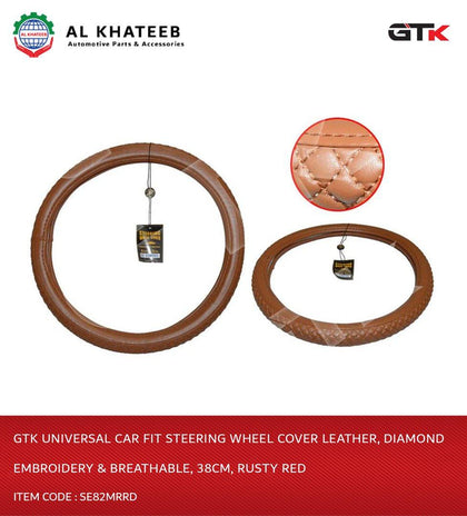 Universal Car Fit Steering Wheel Cover Leather, Diamond Embroidery & Breathable, 38Cm, Rusty Red