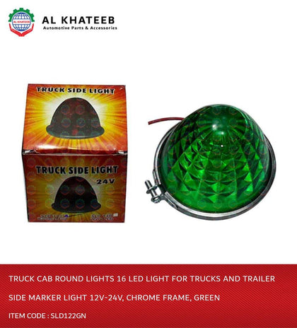 Truck Cab Round Lights 16 LED Light For Trucks And Trailer Side Marker Light 12V-24V, Chrome Frame, Green