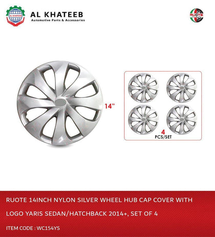 14Inch Nylon Silver Wheel Hub Cap Cover With Logo Yaris Sedan/Hatchback 2014+, Set Of 4
