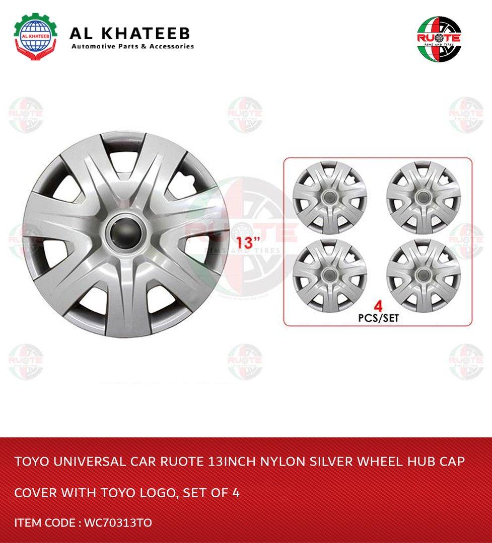 Universal Car 13Inch Nylon Silver Wheel Hub Cap Cover With Logo, Set Of 4 Wc70313