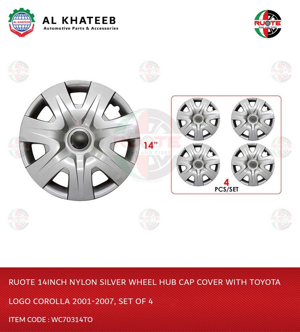 14Inch Nylon Silver Wheel Hub Cap Cover With Logo Corolla 2001-2007, Set Of 4 Wc70314