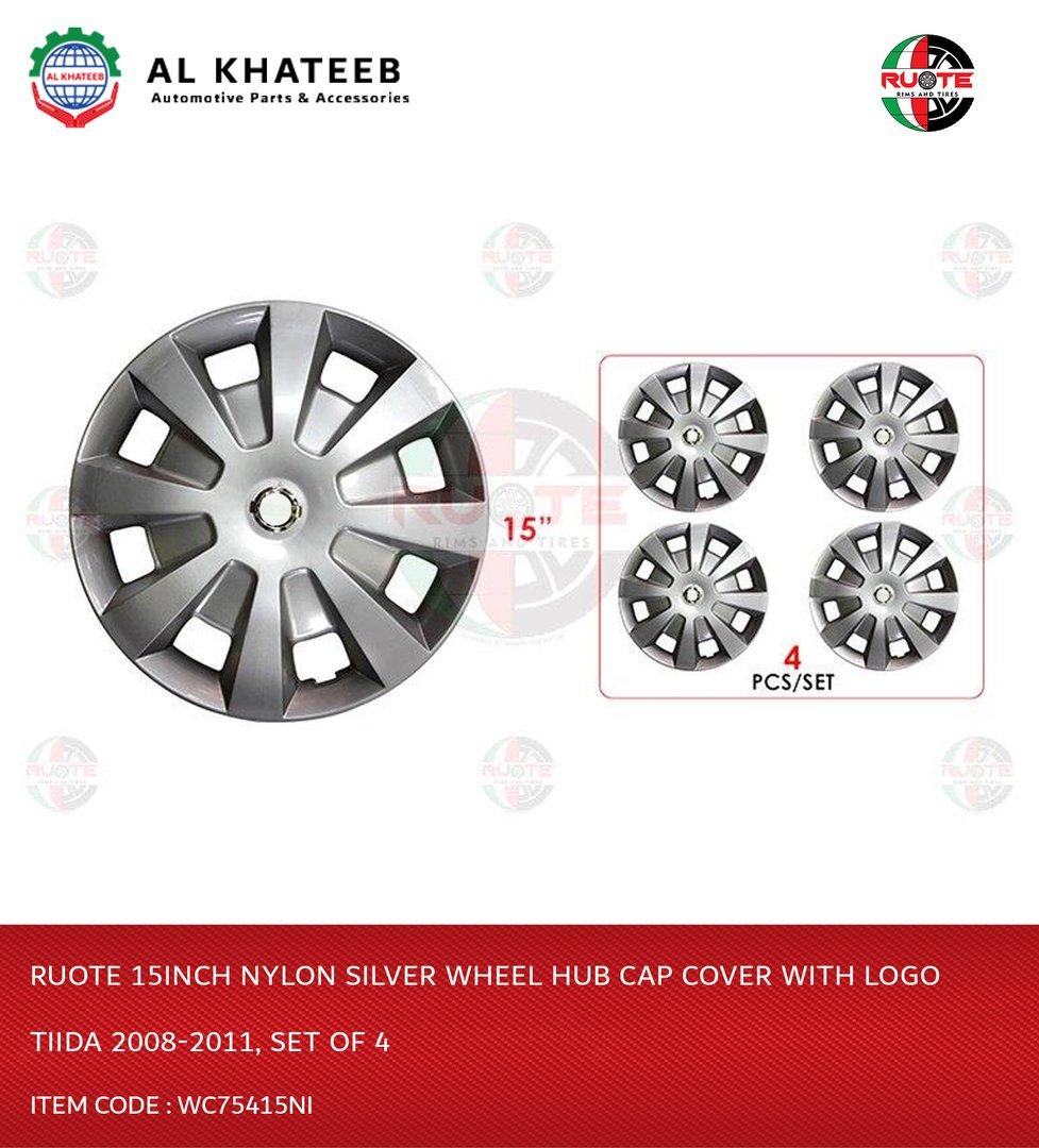Wheel Hub Cap Cover With Logo 15Inch Nylon Silver for Tiida 2008-2011, Set Of 4