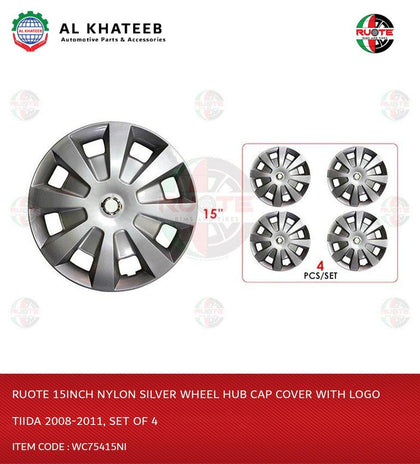 Wheel Hub Cap Cover With Logo 15Inch Nylon Silver for Tiida 2008-2011, Set Of 4