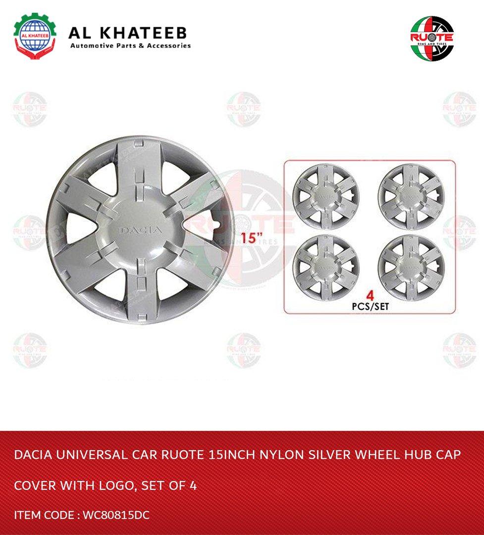 Universal Car 15Inch Nylon Silver Wheel Hub Cap Cover With Logo, Set Of 4
