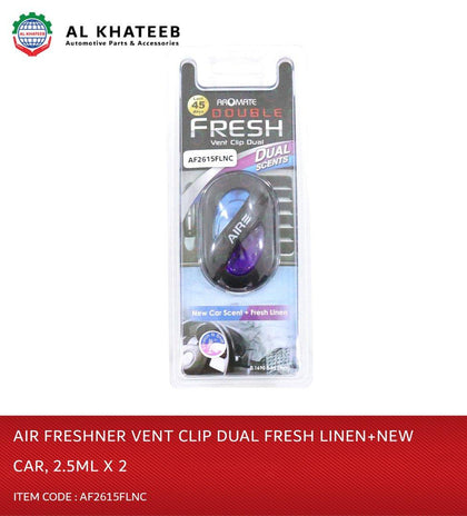 Al Khateeb Aromate Double Fresg Vent Clip Dual Scents - Fresh Linen + New Car 2.5MLX2