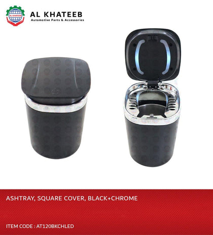 Universal Car Ashtray Portable Square Shape Cover With LED, Black+Chrome