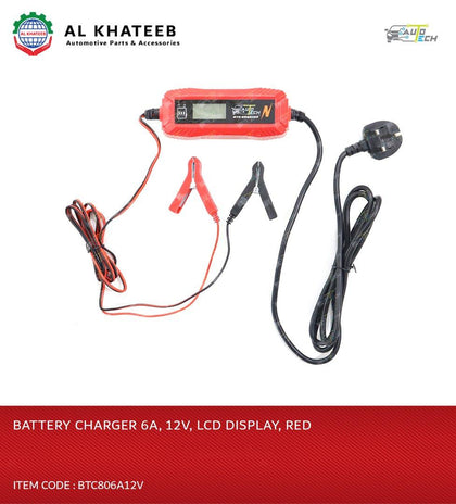 Aut-Tech Universal Automatic Car Battery Charger 12V-12V 6A Boost Mode, LCD Digital Display Battery Charger Power, Red