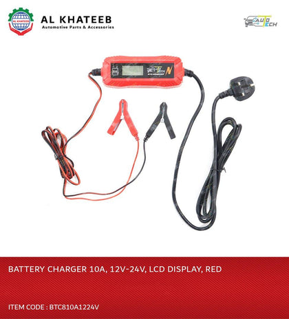 Battery Charger 10A 12V-24V, LCD Display Red