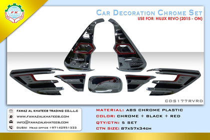 GTK Car Exterior Decoration Chrome Set 7Pcs Hilux Revo 2015-2021, ABS Plastic, Black+Red