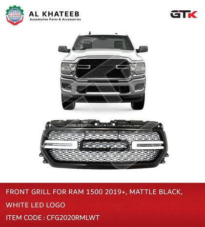 Front Grill for RAM 1500 2019+ Mattle Black White LED logo