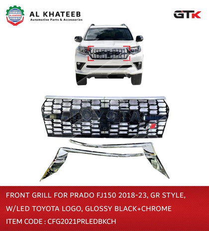 Front Grille for Prado FJ150 2018-2023 GR Style with LED & Logo Glossy Black +Chrome