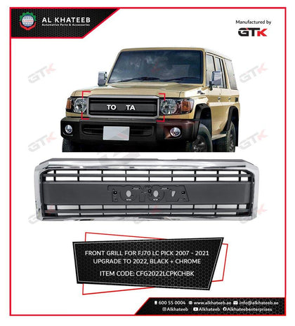 GTK Front Grille For Lc Pick Up FJ70 2007-2021 Upgrade To 2022 Style, Chrome Frame + Black