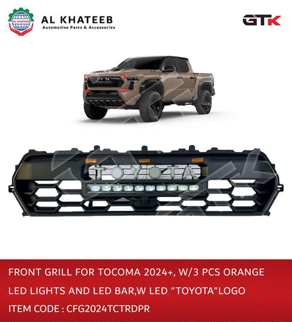 Front Grill for Tocoma 2024+ with 3PCS Orange LED Lights and LED Bar with Logo