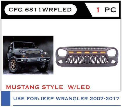 GTK Front Off-Road Grille Wrangler JL 2007-2017 With LED, Mustang Style