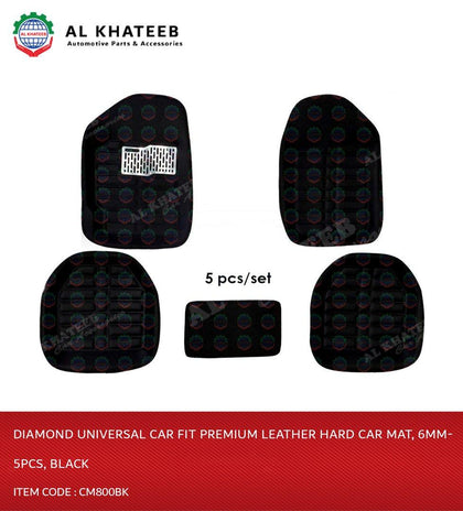 Al Khateeb Prima Diamond Universal Car Fit Premium Leather Hard Car Mat, 6Mm- 5Pcs, Black