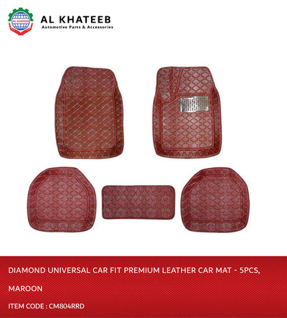 Diamond Universal Car Fit Premium Leather Car Mat - 5Pcs, Maroon