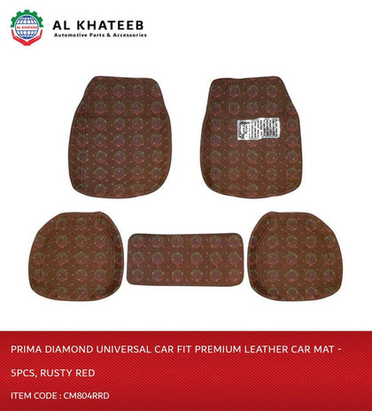 Prima Diamond Universal Car Fit Premium Leather Car Mat - 5Pcs, Rusty Red