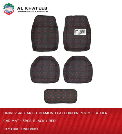 GTK Diamond Pattern Universal Car Fit Premium Leather Car Mat - 5Pcs, Black Red
