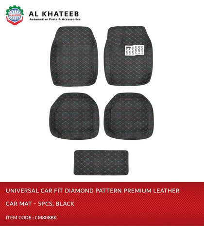 GTK Diamond Pattern Universal Car Fit Premium Leather Car Mat - 5Pcs, Full Black