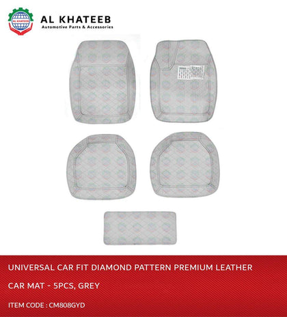 GTK Diamond Pattern Universal Car Fit Premium Leather Car Mat - 5Pcs, Gray