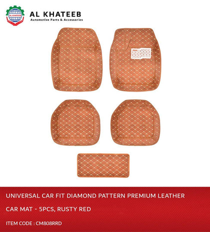 GTK Diamond Pattern Universal Car Fit Premium Leather Car Mat - 5Pcs, Rusty Red