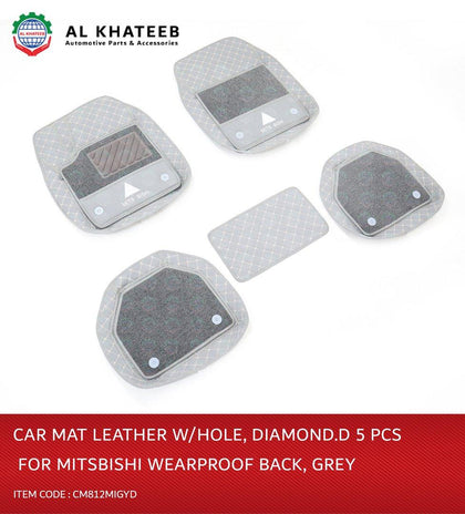 Al Khateeb Universal Car Fit In Mitsubishi Wearproof Leather Car Mat, Diamond, 5Pcs, Gray