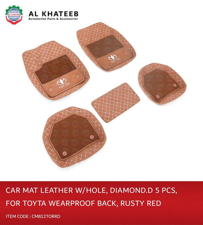 Al Khateeb Universal Car Fit In Toyota Wearproof Leather Car Mat, Diamond, 5Pcs, Rusty Red