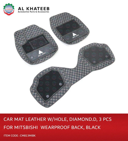 Al Khateeb Universal Car Fit In Mitsubishi Wearproof Leather Car Mat, Diamond, 3Pcs, Black