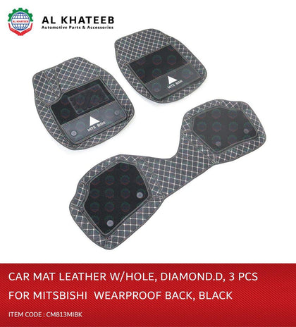 Al Khateeb Universal Car Fit In Mitsub Wearproof Leather Car Mat, Diamond, 3Pcs, Black