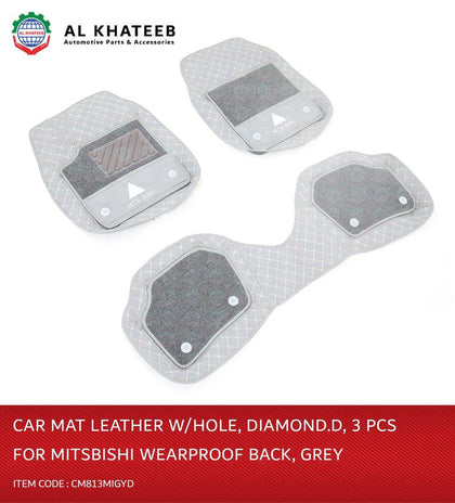 Al Khateeb Universal Car Fit In Mitsubishi Wearproof Leather Car Mat, Diamond, 3Pcs, Gray
