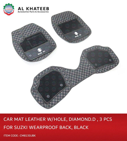 Al Khateeb Universal Car Fit In Suzuki Wearproof Leather Car Mat, Diamond, 3Pcs, Black