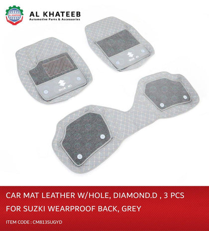 Al Khateeb Universal Car Fit In Suzuki Wearproof Leather Car Mat, Diamond, 3Pcs, Gray