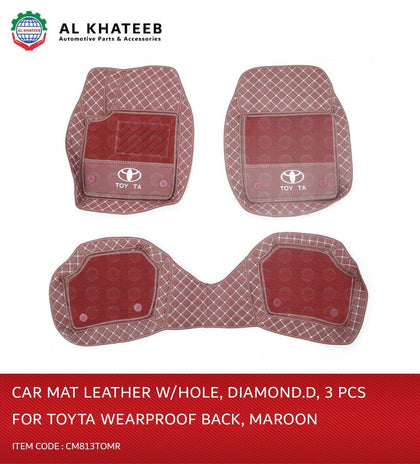 Al Khateeb Universal Car Fit In Toyota Wearproof Leather Car Mat, Diamond, 3Pcs, Maroon