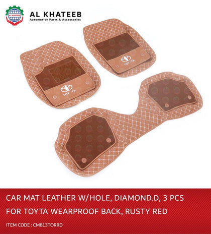 Al Khateeb Universal Car Fit In Toyota Wearproof Leather Car Mat, Diamond, 3Pcs, Rusty Red