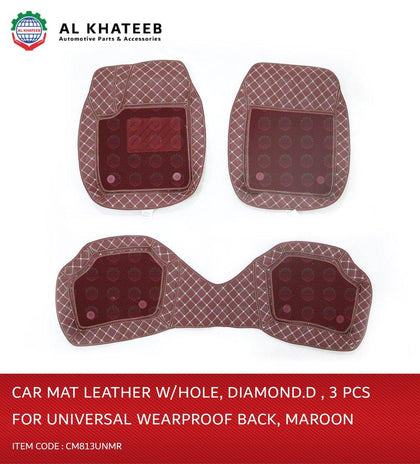 Al Khateeb Universal Car Fit Wearproof Leather Car Mat, Diamond, 3Pcs, Maroon