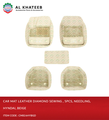 Hyun Universal Car Floor Mat Leather Diamond Sewing , 5Pcs, Needling, Beige