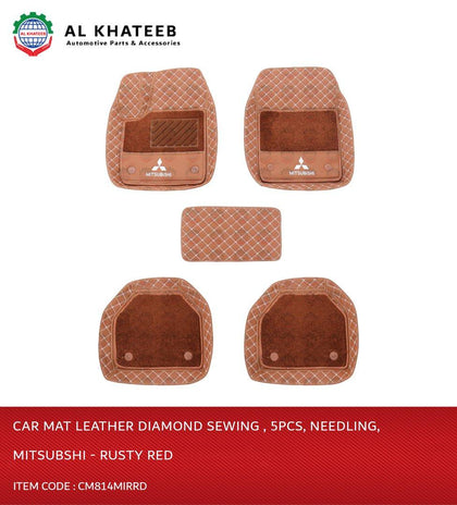 Al Khateeb Mitsubishi Universal Car Floor Mat Leather Diamond Sewing , 5Pcs, Needling, Rusty Red