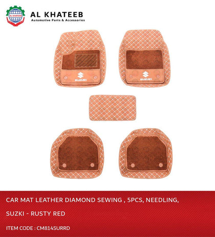 Al Khateeb Suzuki Universal Car Floor Mat Leather Diamond Sewing , 5Pcs, Needling, Rusty Red